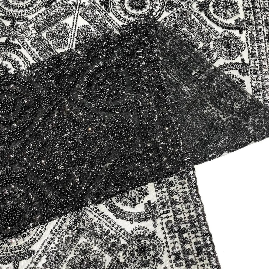 Luxurious Design Lace - Black - Geometric Beaded Design with Embroidered Sequins and Beads On a Mesh Lace Fabric By The Yard