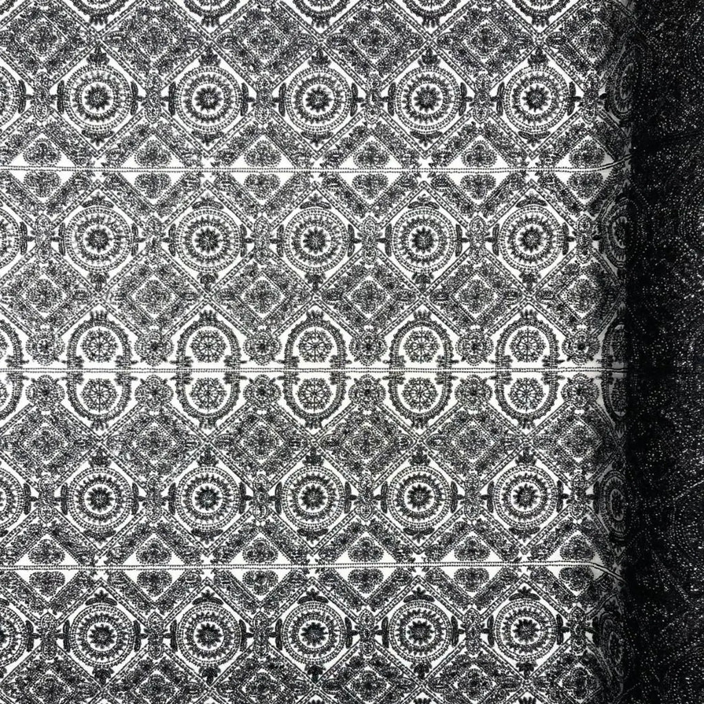 Luxurious Design Lace - Black - Geometric Beaded Design with Embroidered Sequins and Beads On a Mesh Lace Fabric By The Yard