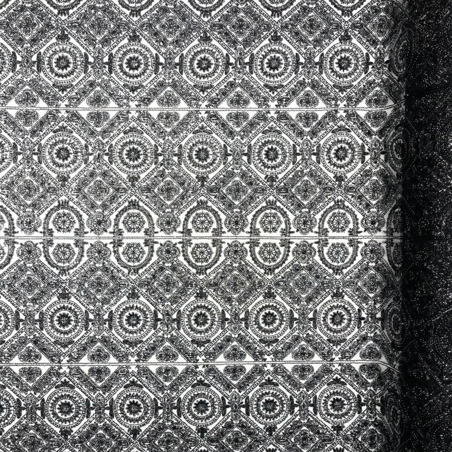 Luxurious Design Lace - Black - Geometric Beaded Design with Embroidered Sequins and Beads On a Mesh Lace Fabric By The Yard