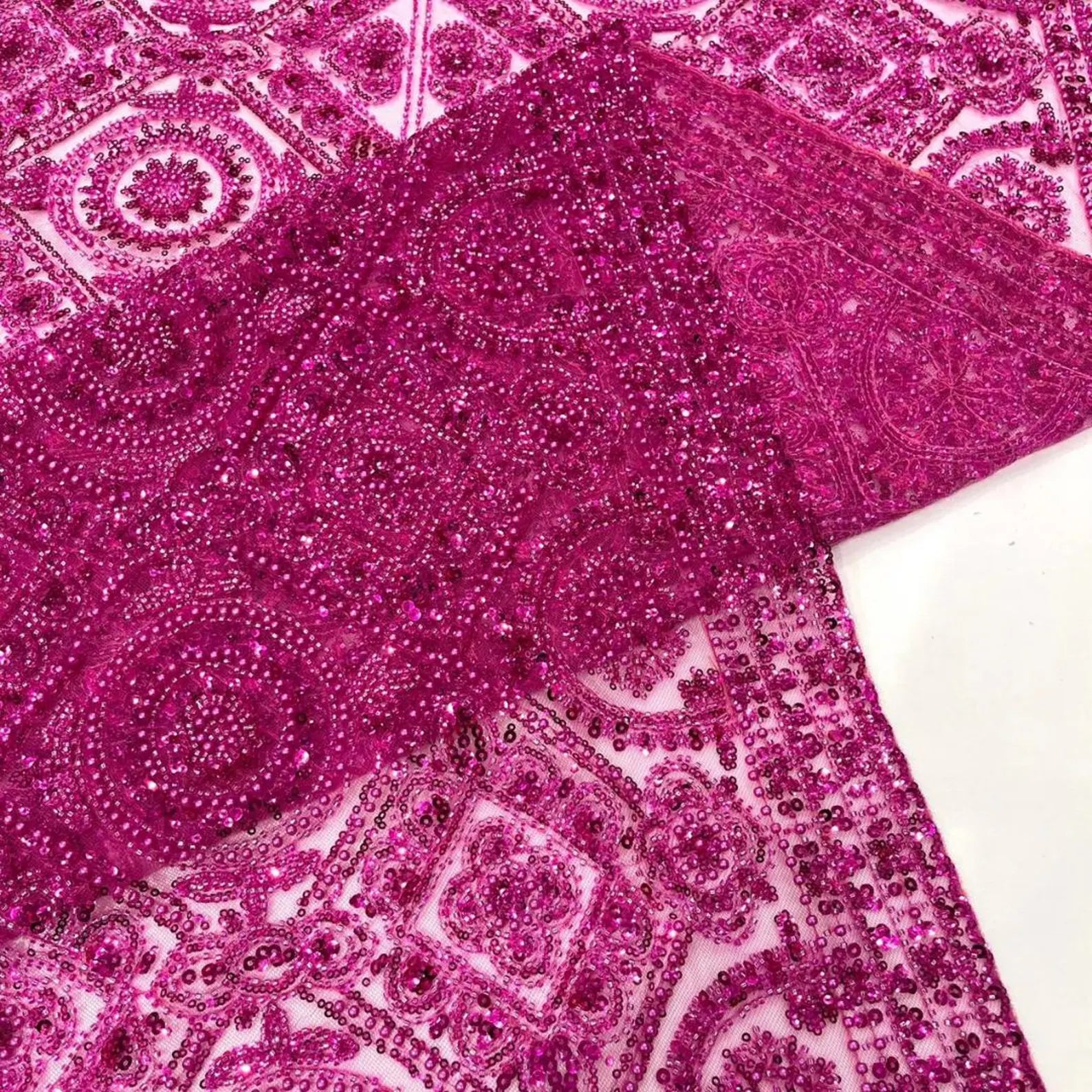 Luxurious Design Lace - Fuchsia - Geometric Beaded Design with Embroidered Sequins and Beads On a Mesh Lace Fabric By The Yard