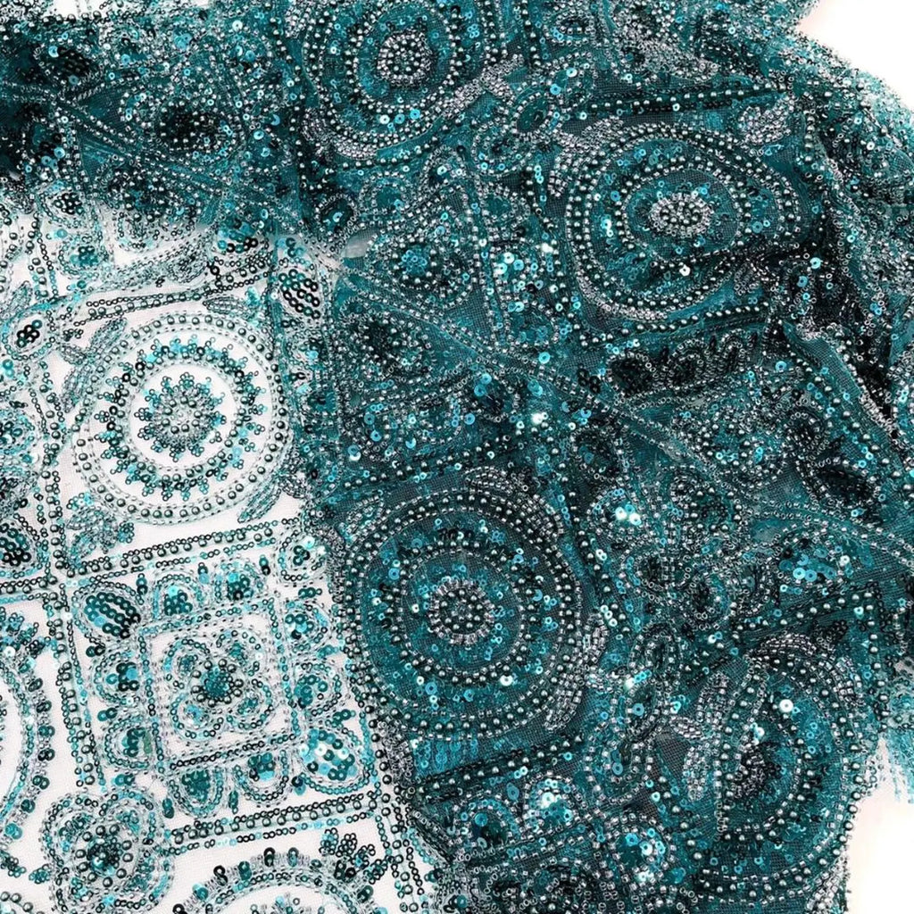 Luxurious Design Lace - Hunter - Geometric Beaded Design with Embroidered Sequins and Beads On a Mesh Lace Fabric By The Yard