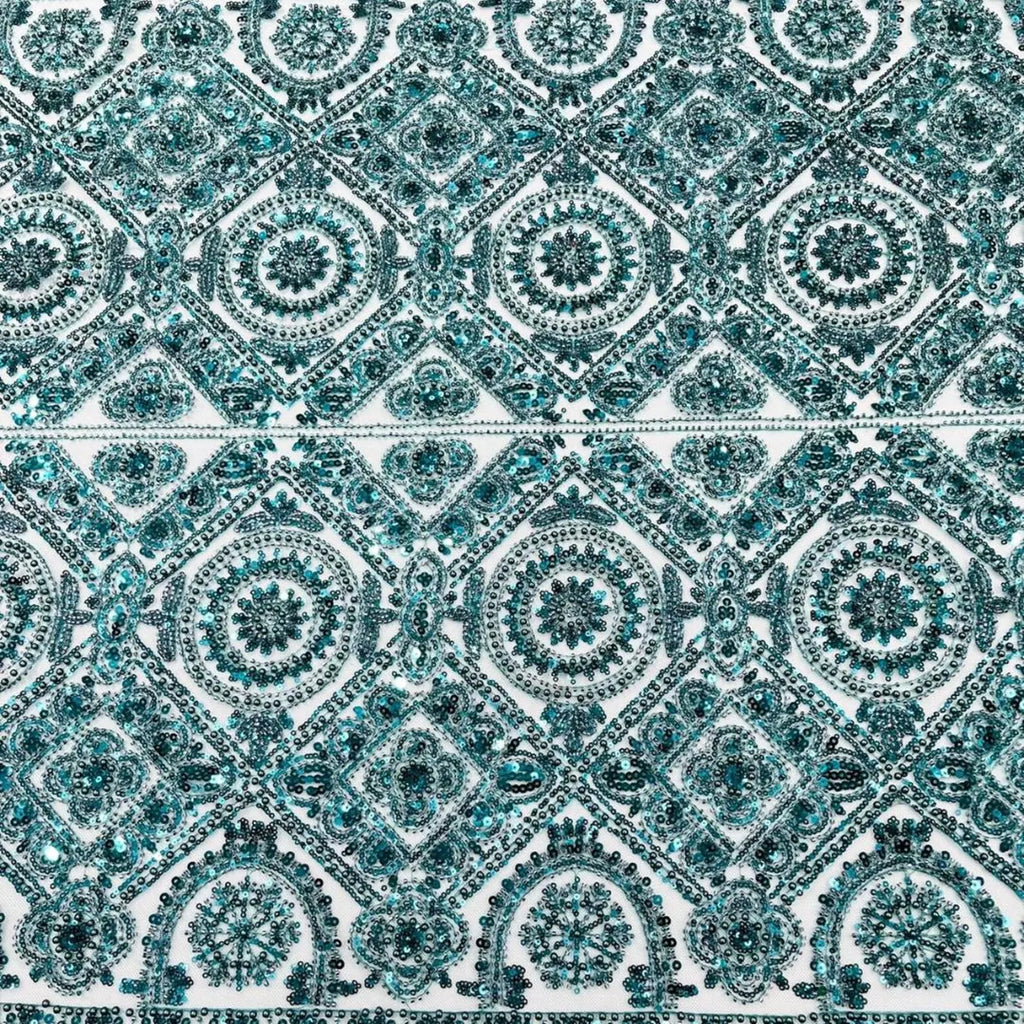 Luxurious Design Lace - Hunter - Geometric Beaded Design with Embroidered Sequins and Beads On a Mesh Lace Fabric By The Yard