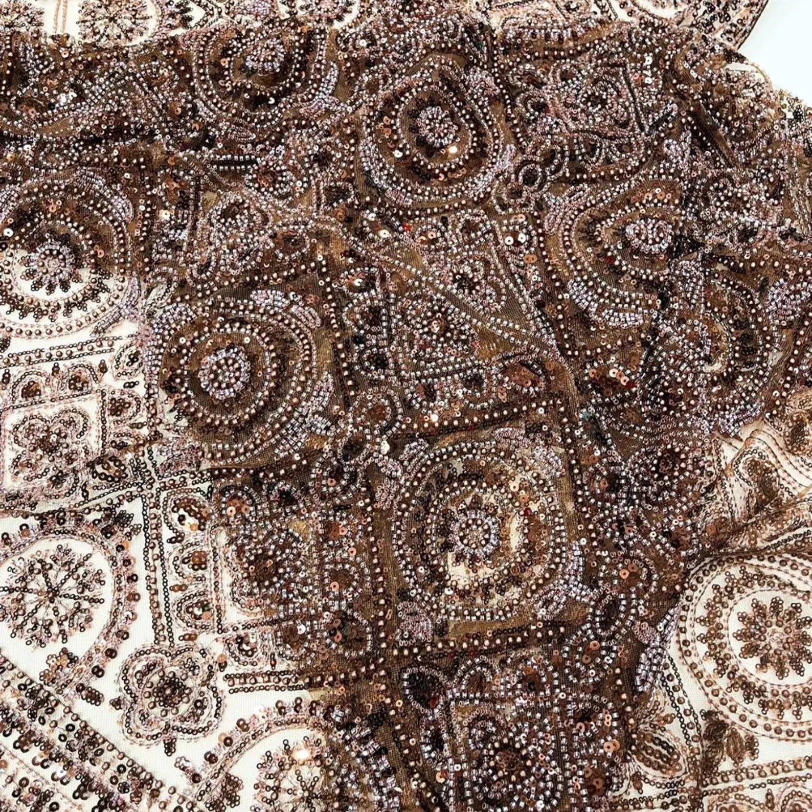 Luxurious Design Lace - Brown - Geometric Beaded Design with Embroidered Sequins and Beads On a Mesh Lace Fabric By The Yard