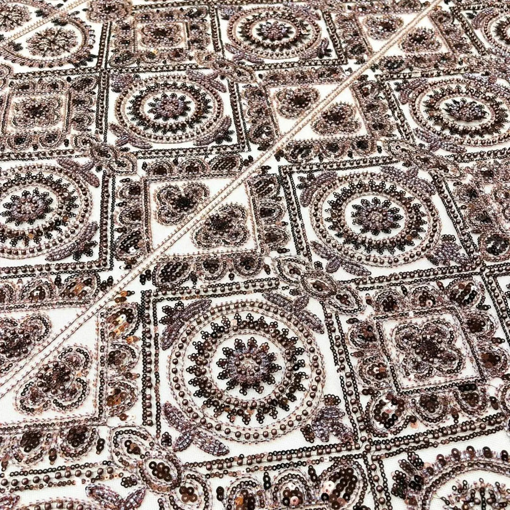Luxurious Design Lace - Brown - Geometric Beaded Design with Embroidered Sequins and Beads On a Mesh Lace Fabric By The Yard