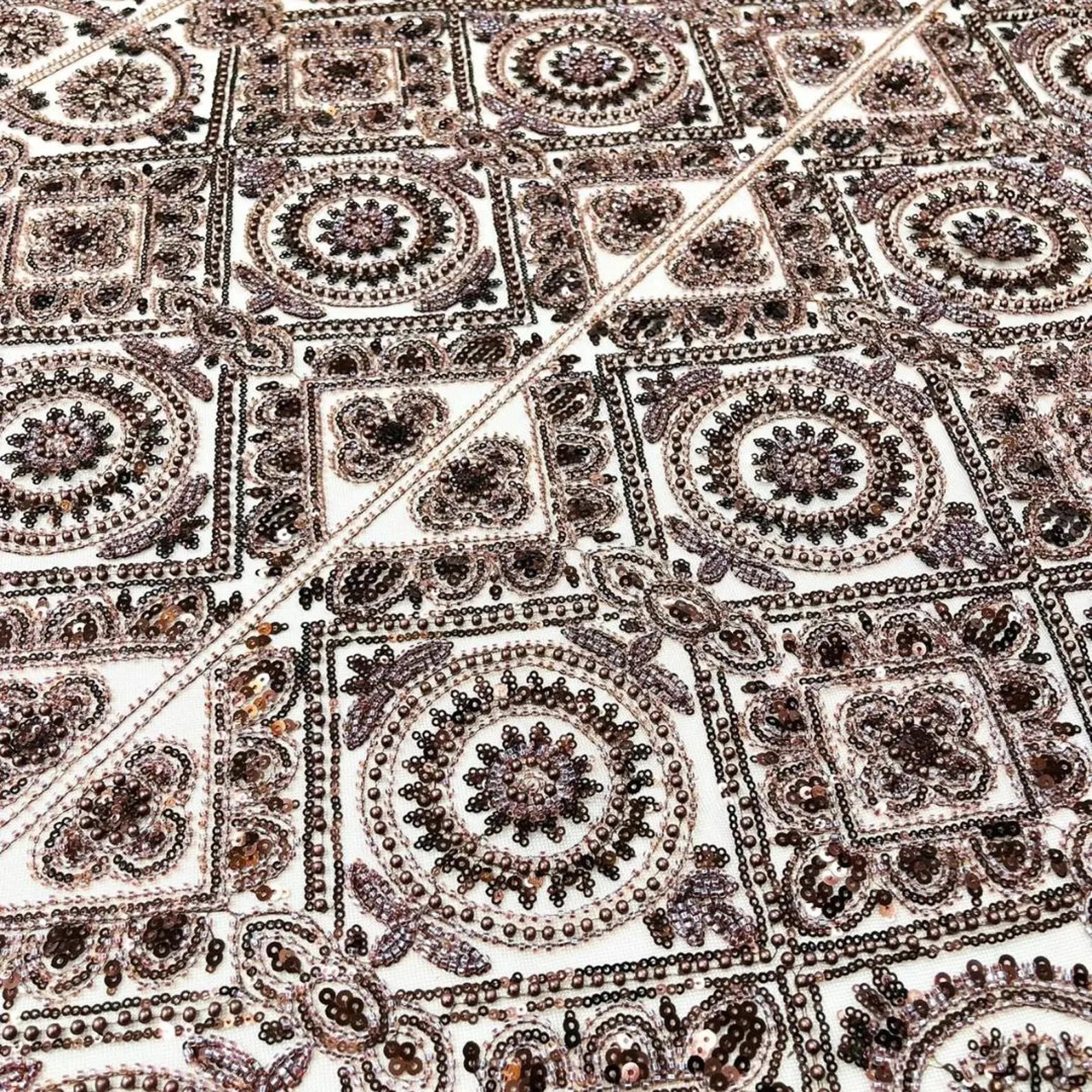Luxurious Design Lace - Brown - Geometric Beaded Design with Embroidered Sequins and Beads On a Mesh Lace Fabric By The Yard