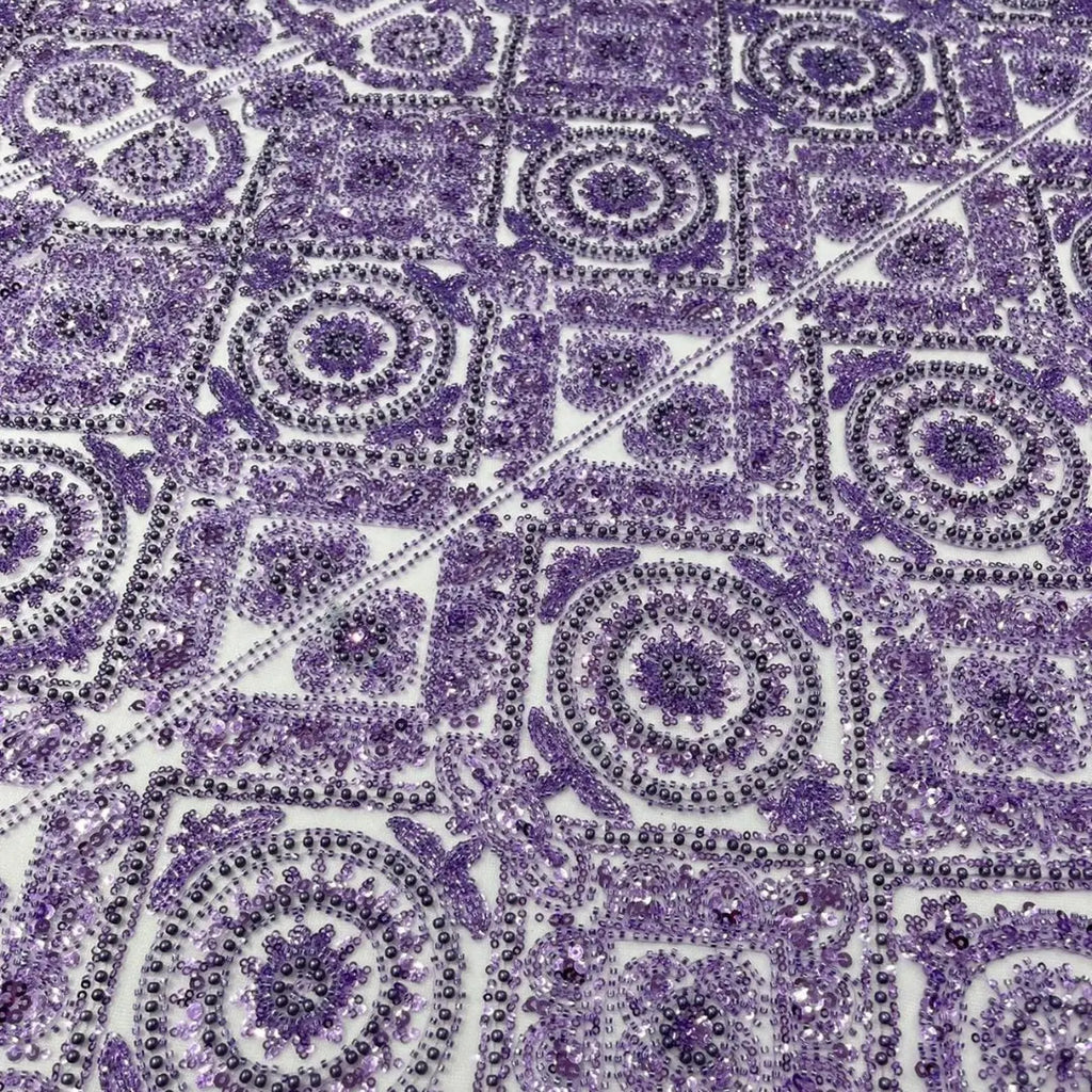 Luxurious Design Lace - Lilac - Geometric Beaded Design with Embroidered Sequins and Beads On a Mesh Lace Fabric By The Yard