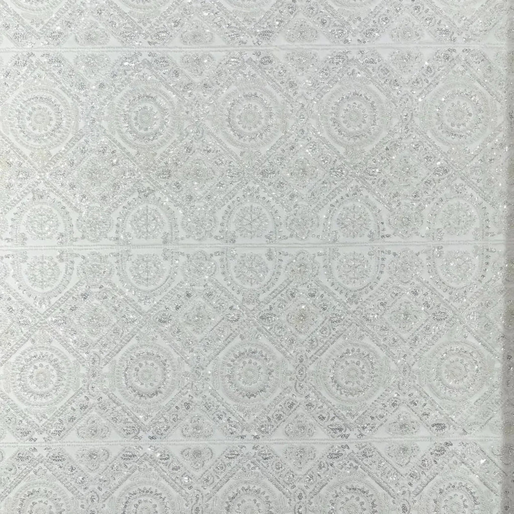 Luxurious Design Lace - Ivory - Geometric Beaded Design with Embroidered Sequins and Beads On a Mesh Lace Fabric By The Yard