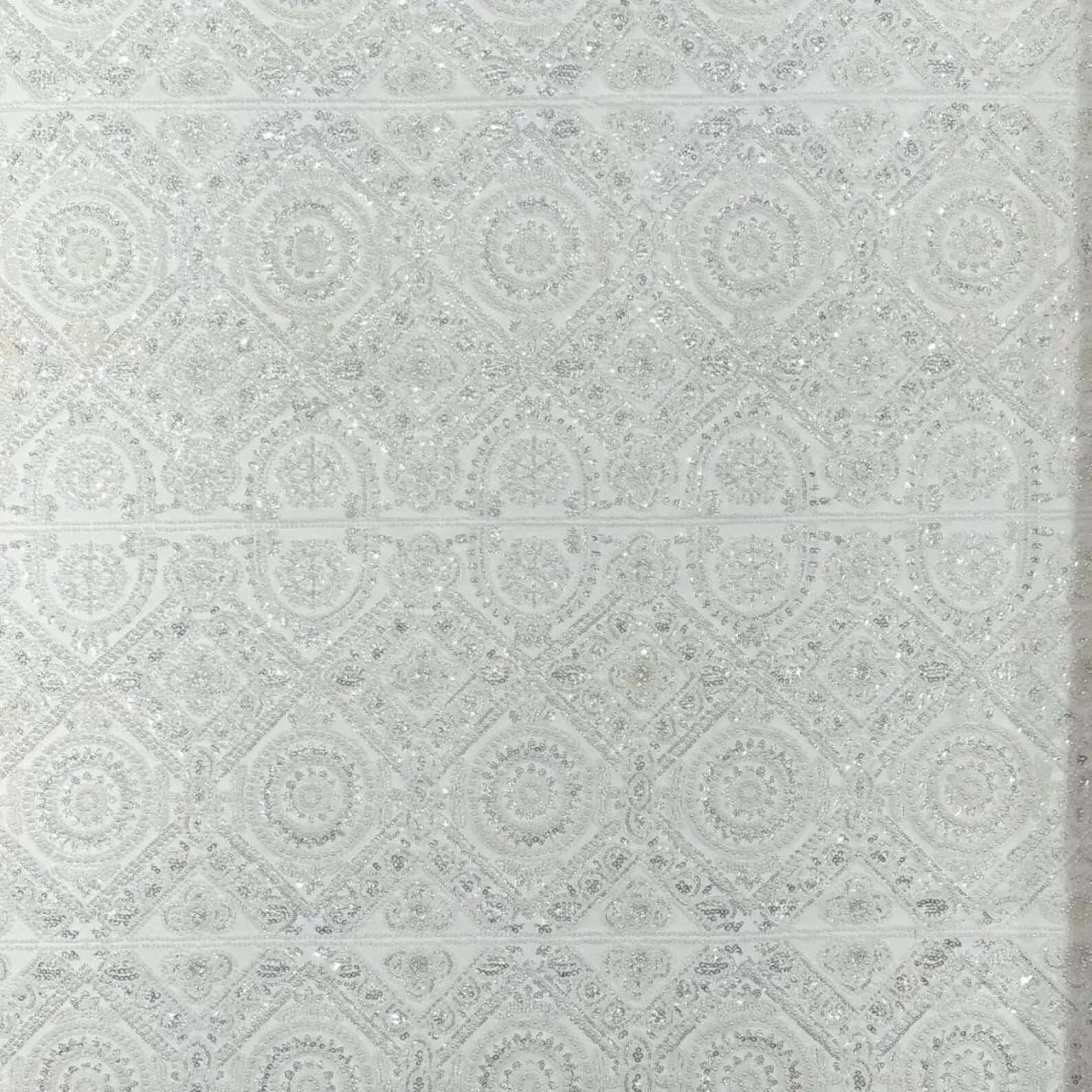 Luxurious Design Lace - Ivory - Geometric Beaded Design with Embroidered Sequins and Beads On a Mesh Lace Fabric By The Yard