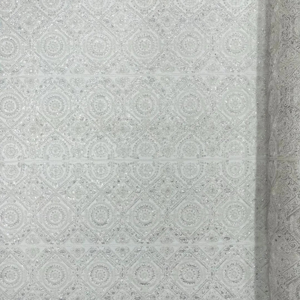 Luxurious Design Lace - Ivory - Geometric Beaded Design with Embroidered Sequins and Beads On a Mesh Lace Fabric By The Yard