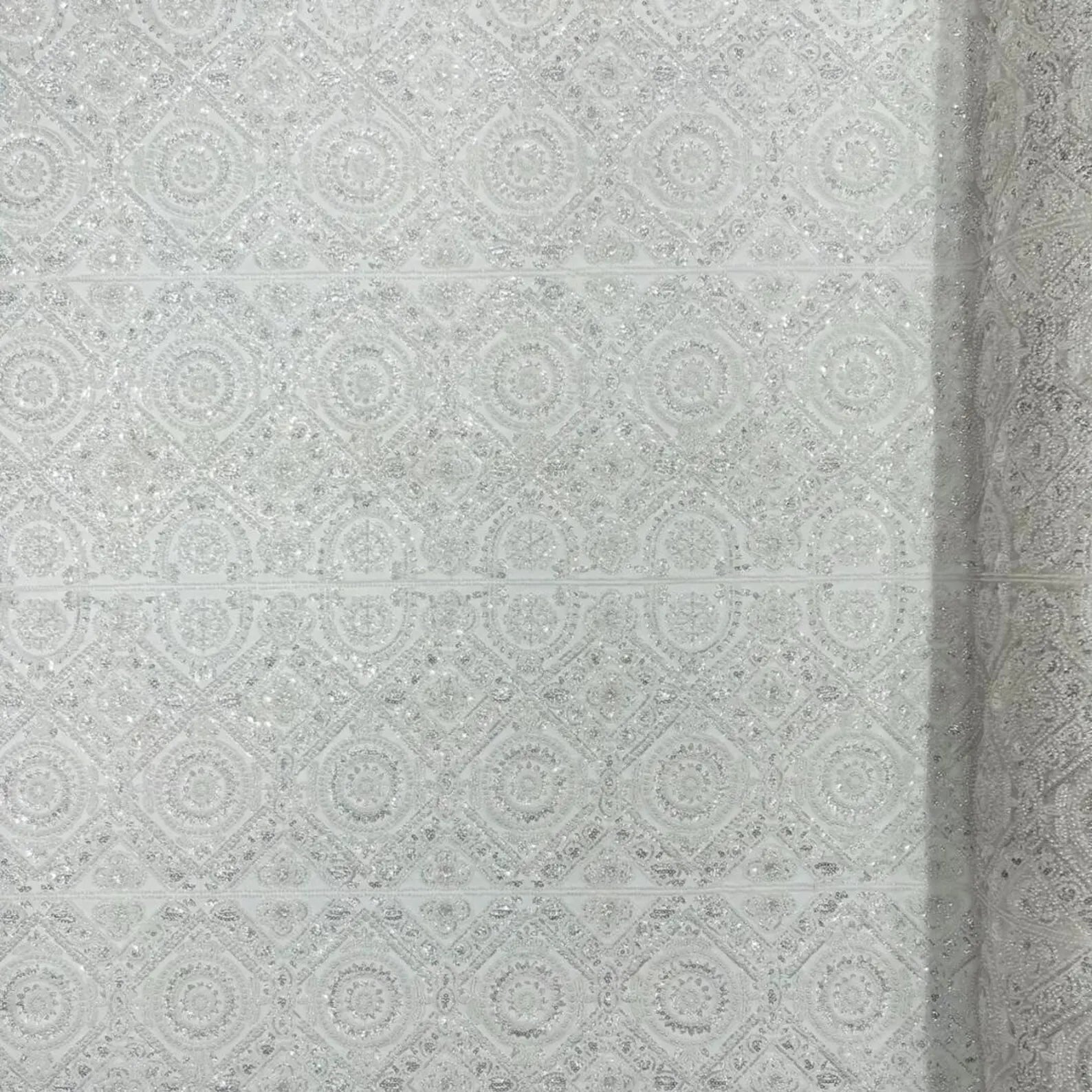 Luxurious Design Lace - Ivory - Geometric Beaded Design with Embroidered Sequins and Beads On a Mesh Lace Fabric By The Yard