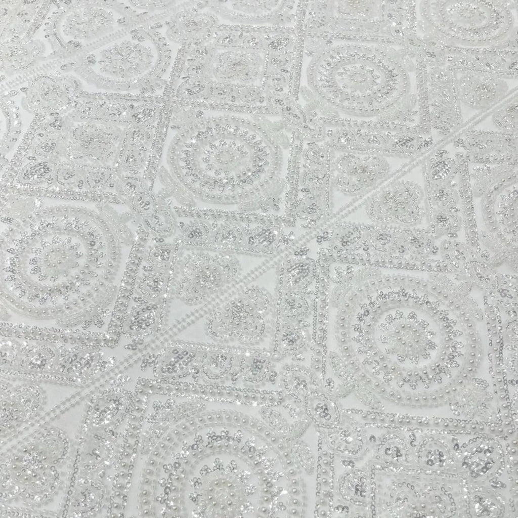 Luxurious Design Lace - Ivory - Geometric Beaded Design with Embroidered Sequins and Beads On a Mesh Lace Fabric By The Yard