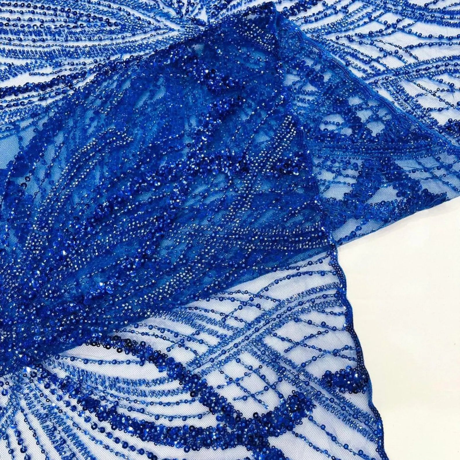 ROYAL BLUE - Luxurious Design Lace - Beaded Design with Embroidered Sequins and Beads On a Mesh Lace Fabric By The Yard