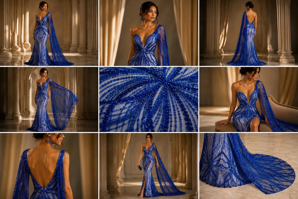 ROYAL BLUE - Luxurious Design Lace - Beaded Design with Embroidered Sequins and Beads On a Mesh Lace Fabric By The Yard