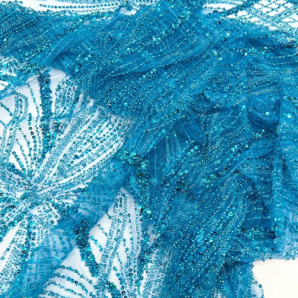 TURQUOISE - Luxurious Design Lace - Beaded Design with Embroidered Sequins and Beads On a Mesh Lace Fabric By The Yard