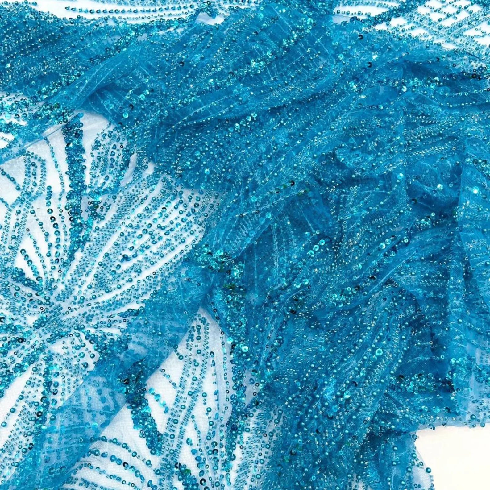 TURQUOISE - Luxurious Design Lace - Beaded Design with Embroidered Sequins and Beads On a Mesh Lace Fabric By The Yard