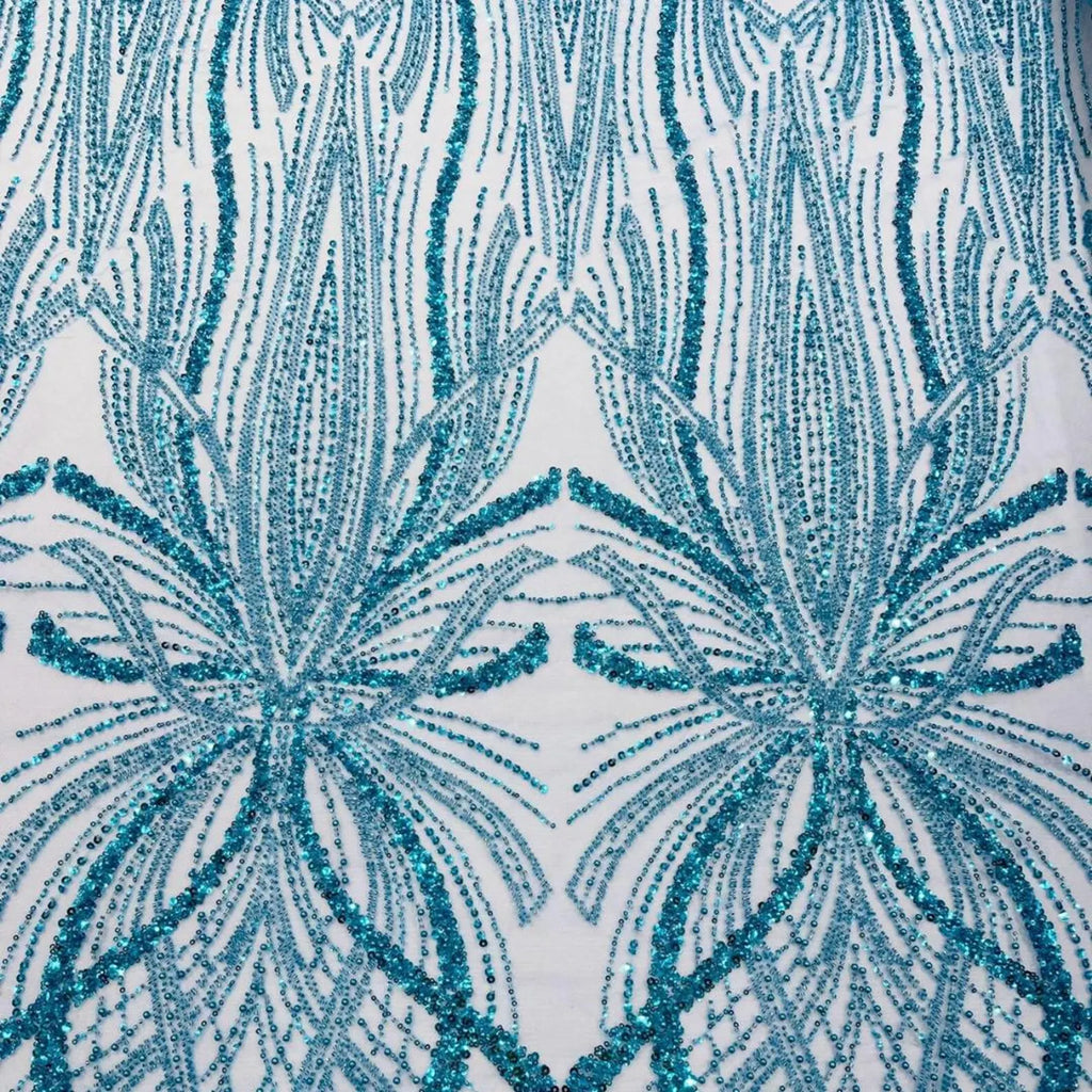 TURQUOISE - Luxurious Design Lace - Beaded Design with Embroidered Sequins and Beads On a Mesh Lace Fabric By The Yard