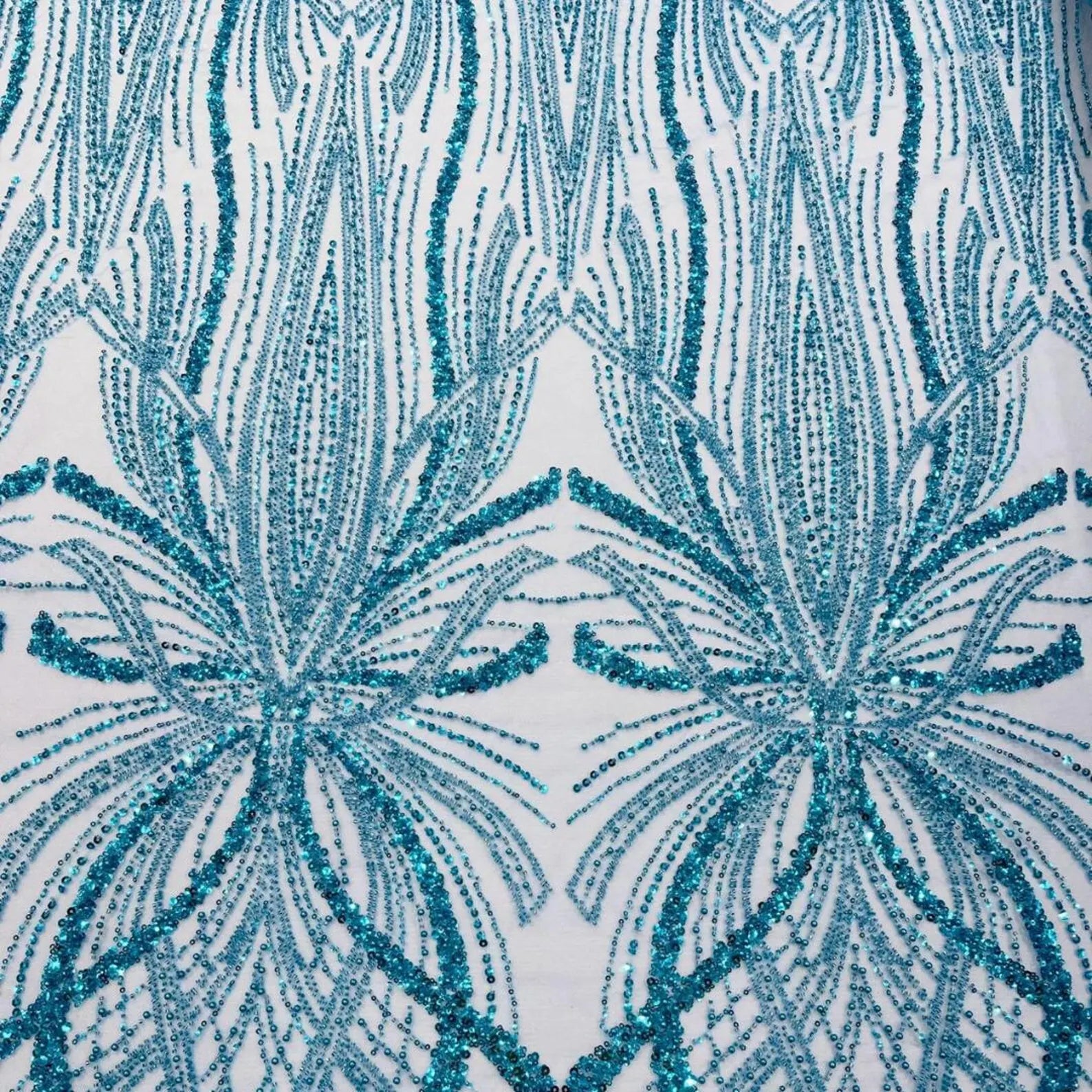 TURQUOISE - Luxurious Design Lace - Beaded Design with Embroidered Sequins and Beads On a Mesh Lace Fabric By The Yard