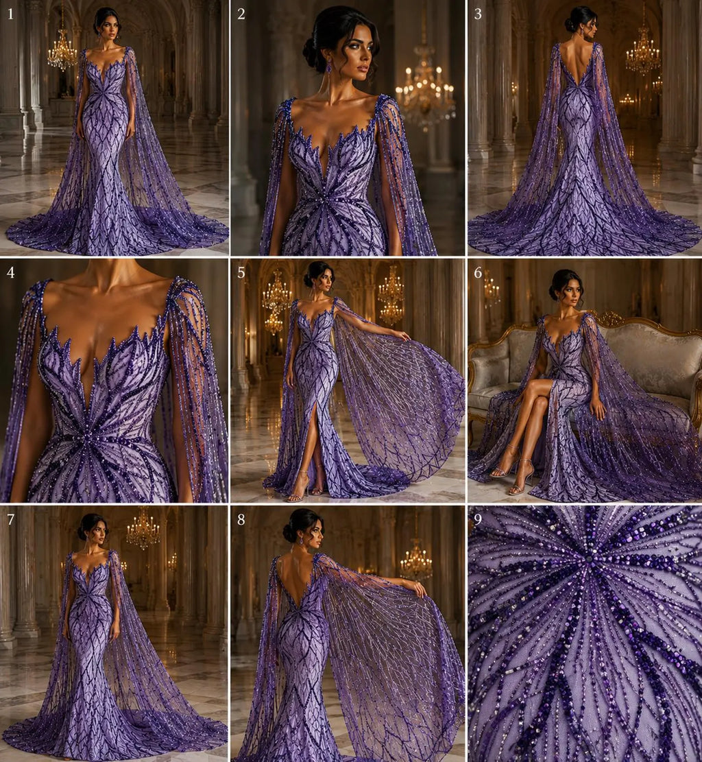 PURPLE - Luxurious Design Lace - Beaded Design with Embroidered Sequins and Beads On a Mesh Lace Fabric By The Yard