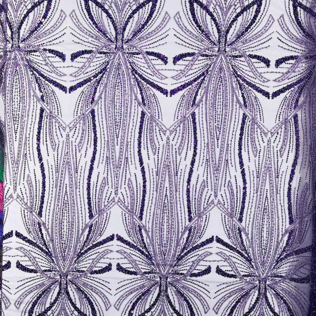 PURPLE - Luxurious Design Lace - Beaded Design with Embroidered Sequins and Beads On a Mesh Lace Fabric By The Yard