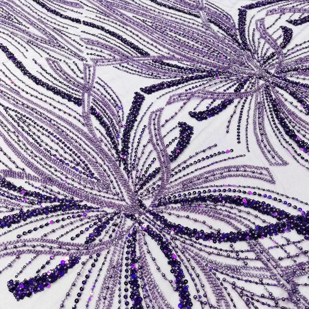 PURPLE - Luxurious Design Lace - Beaded Design with Embroidered Sequins and Beads On a Mesh Lace Fabric By The Yard