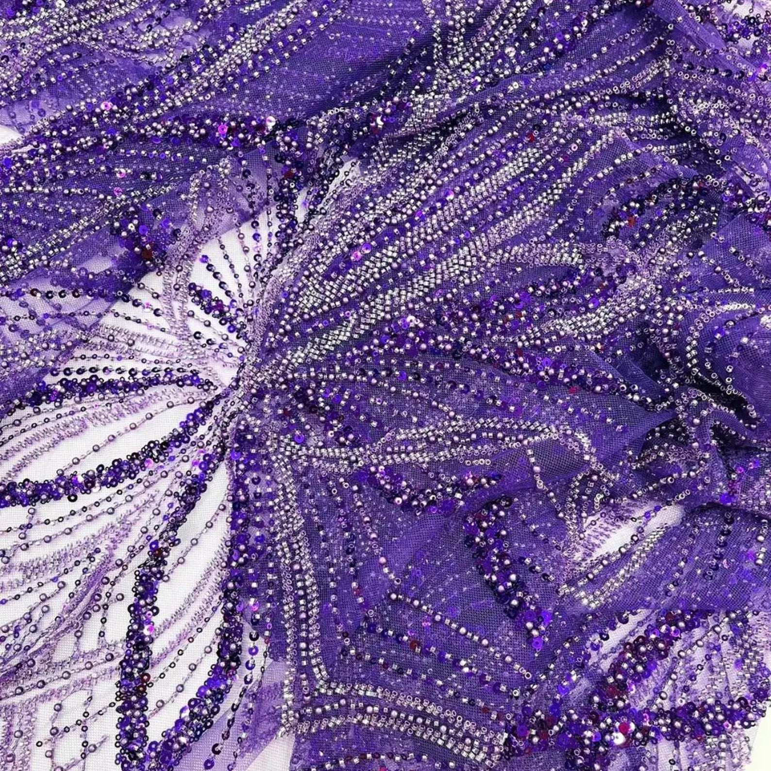 PURPLE - Luxurious Design Lace - Beaded Design with Embroidered Sequins and Beads On a Mesh Lace Fabric By The Yard