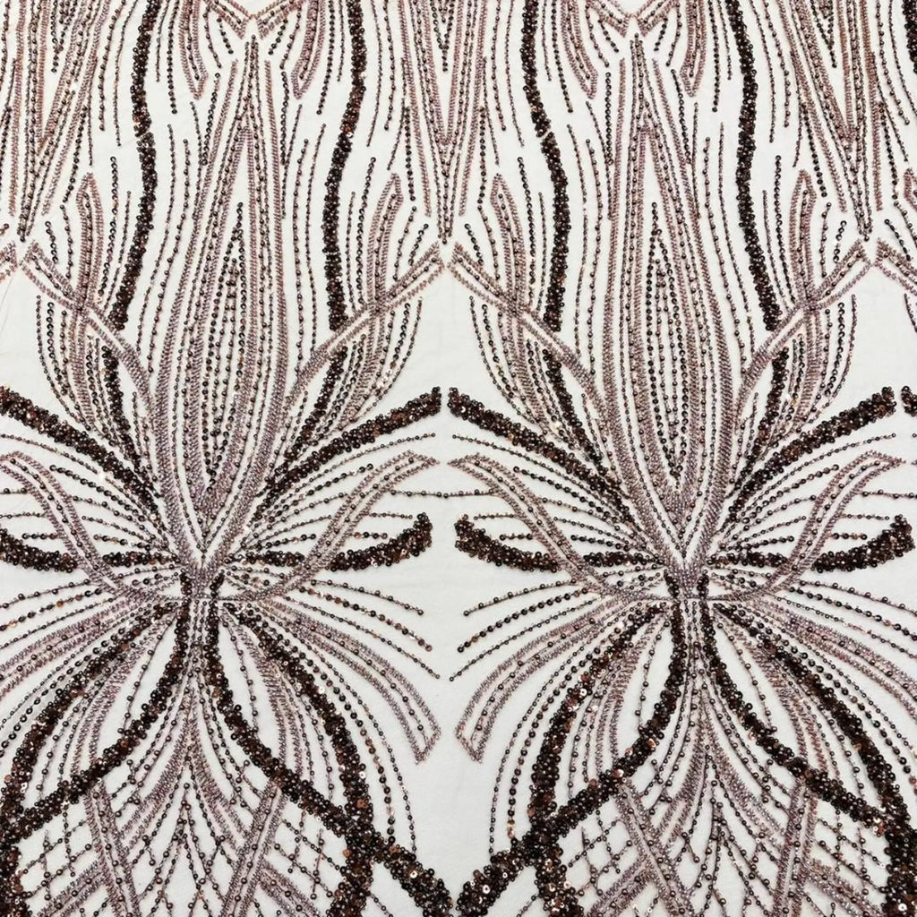 BROWN - Luxurious Design Lace - Beaded Design with Embroidered Sequins and Beads On a Mesh Lace Fabric By The Yard