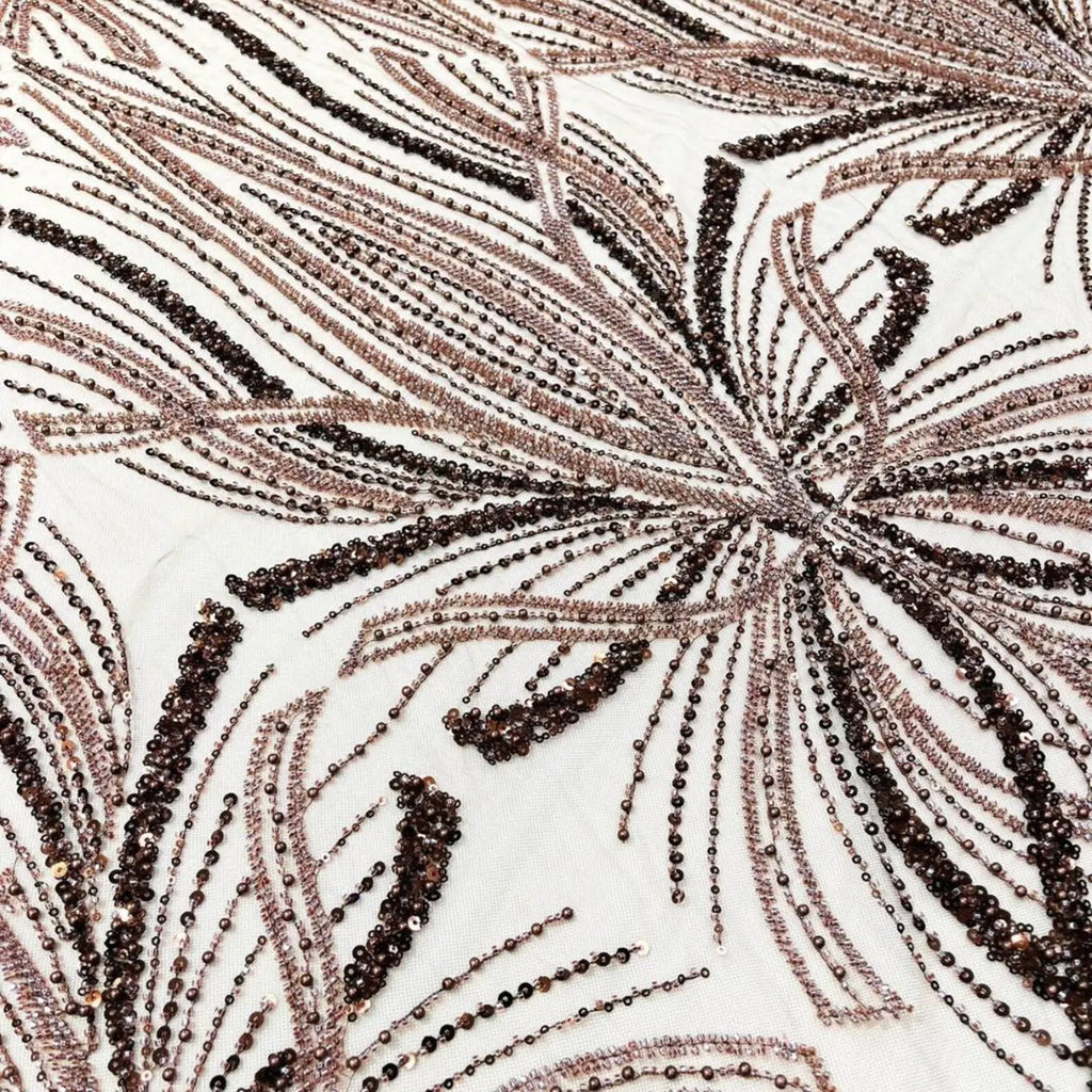 BROWN - Luxurious Design Lace - Beaded Design with Embroidered Sequins and Beads On a Mesh Lace Fabric By The Yard