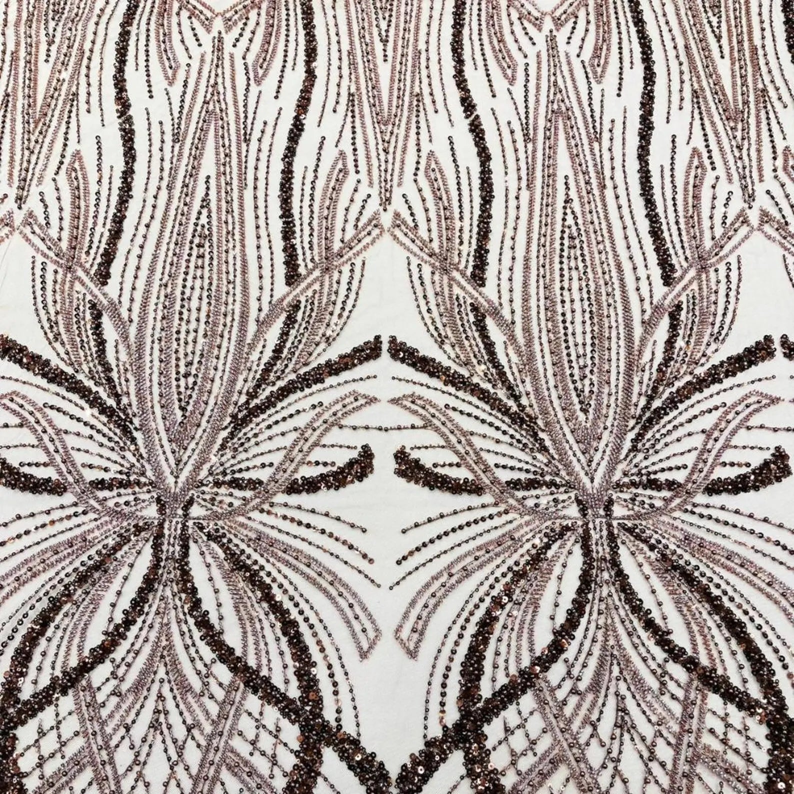 BROWN - Luxurious Design Lace - Beaded Design with Embroidered Sequins and Beads On a Mesh Lace Fabric By The Yard