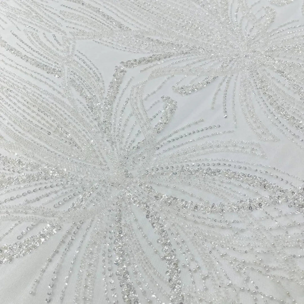 IVORY - Luxurious Design Lace - Beaded Design with Embroidered Sequins and Beads On a Mesh Lace Fabric By The Yard