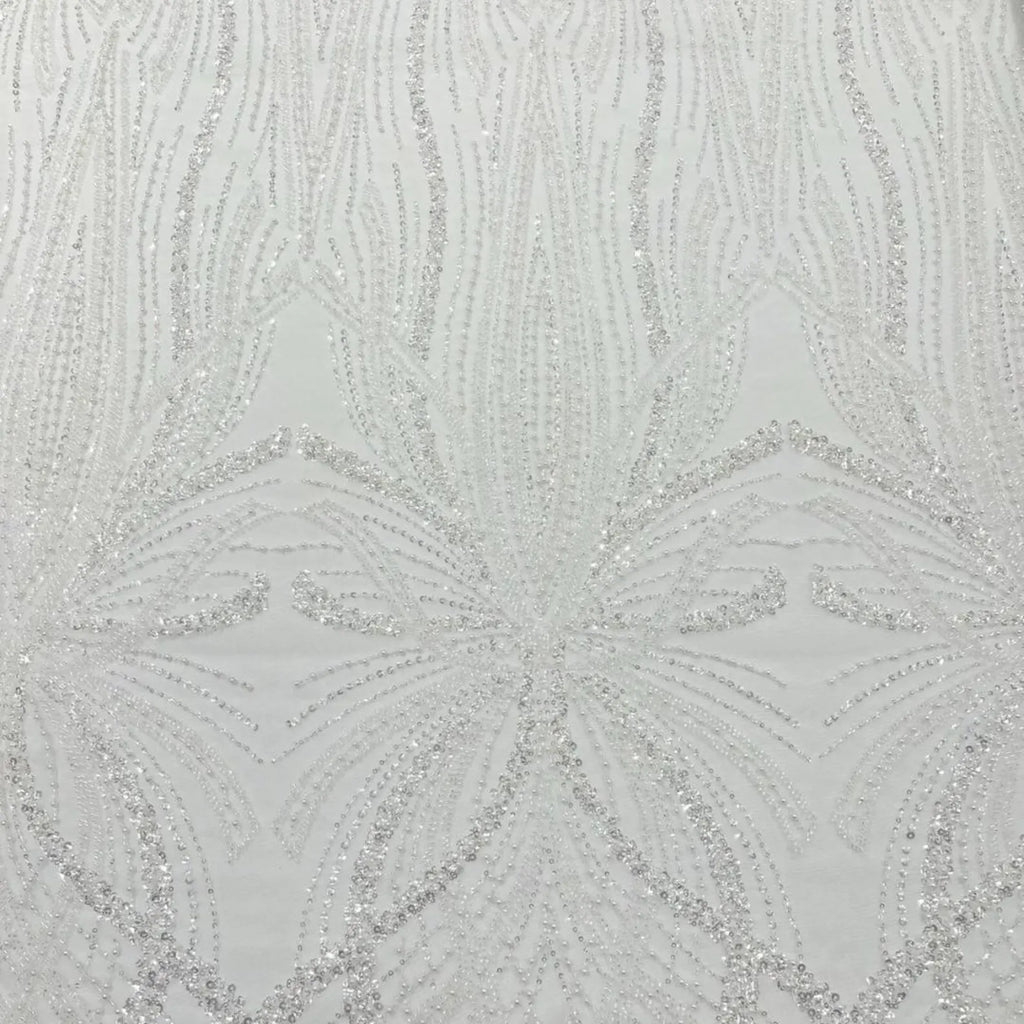 IVORY - Luxurious Design Lace - Beaded Design with Embroidered Sequins and Beads On a Mesh Lace Fabric By The Yard