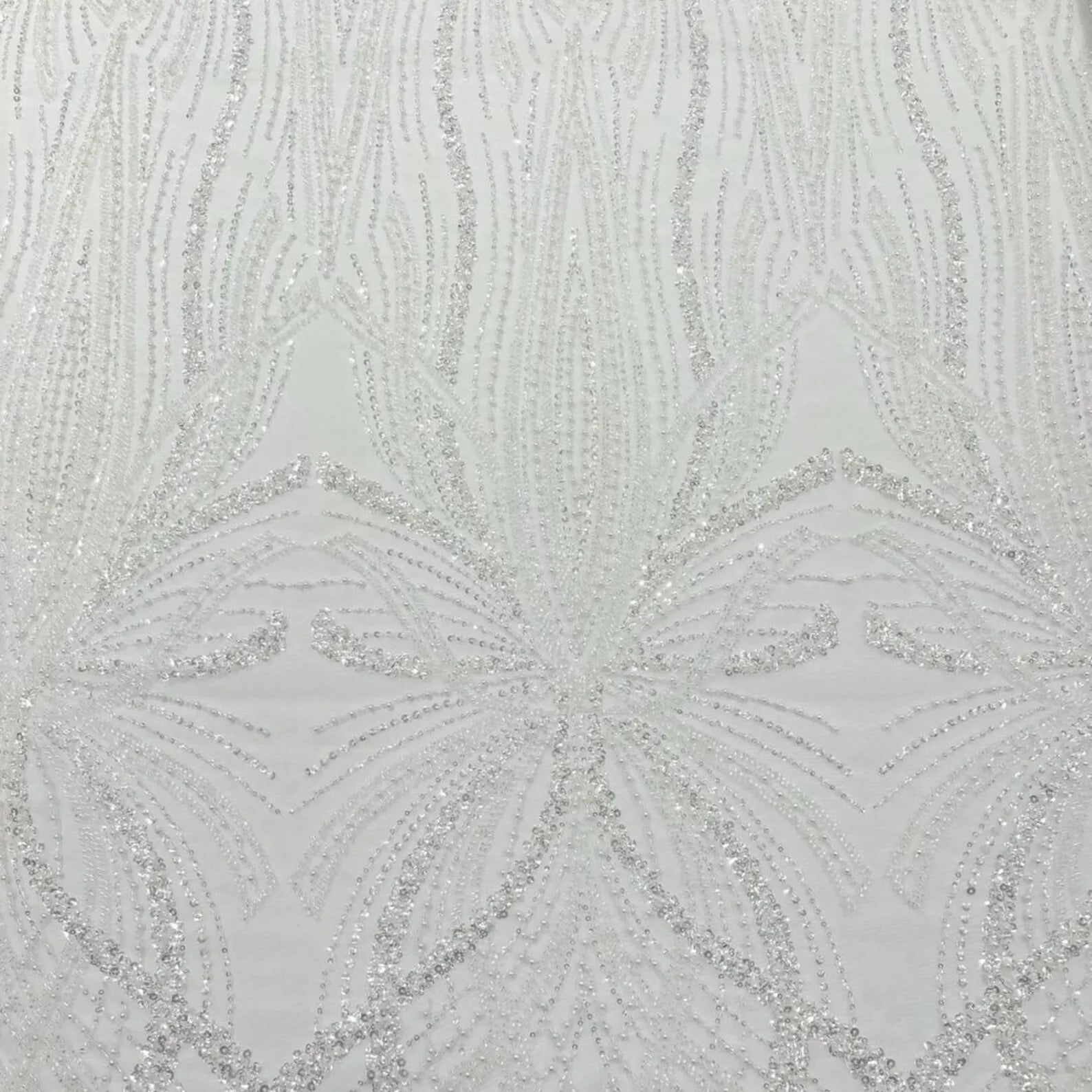 IVORY - Luxurious Design Lace - Beaded Design with Embroidered Sequins and Beads On a Mesh Lace Fabric By The Yard