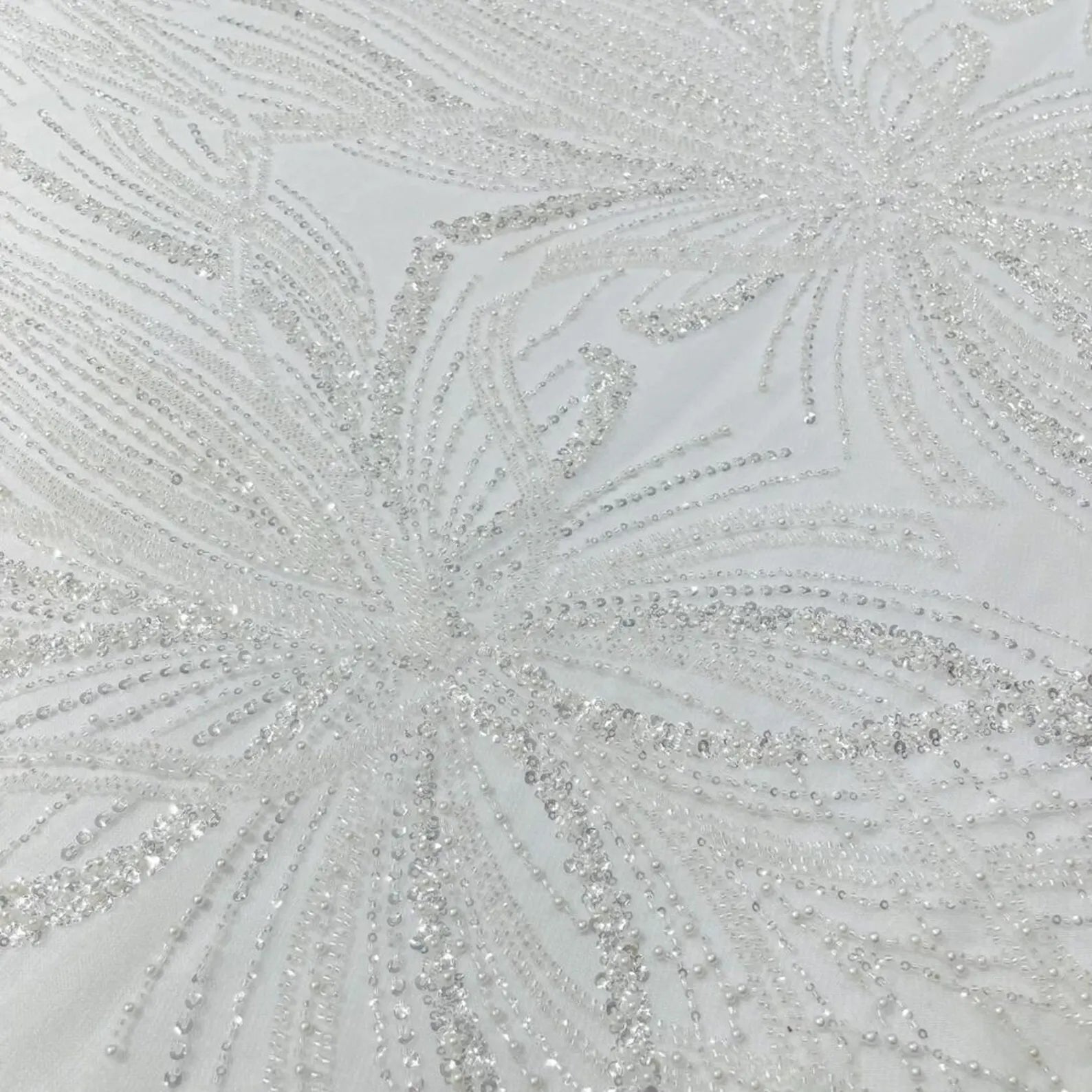 IVORY - Luxurious Design Lace - Beaded Design with Embroidered Sequins and Beads On a Mesh Lace Fabric By The Yard