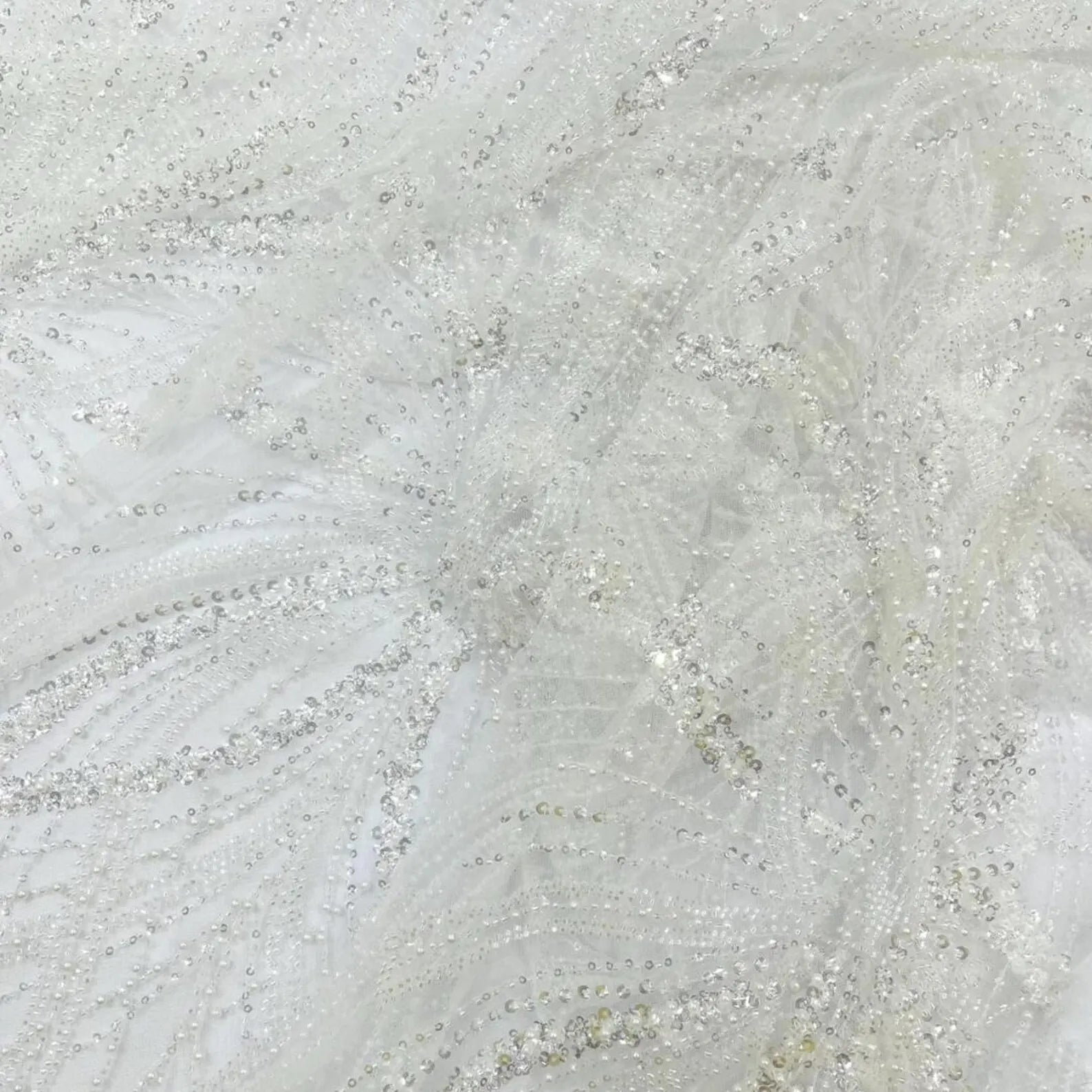 IVORY - Luxurious Design Lace - Beaded Design with Embroidered Sequins and Beads On a Mesh Lace Fabric By The Yard