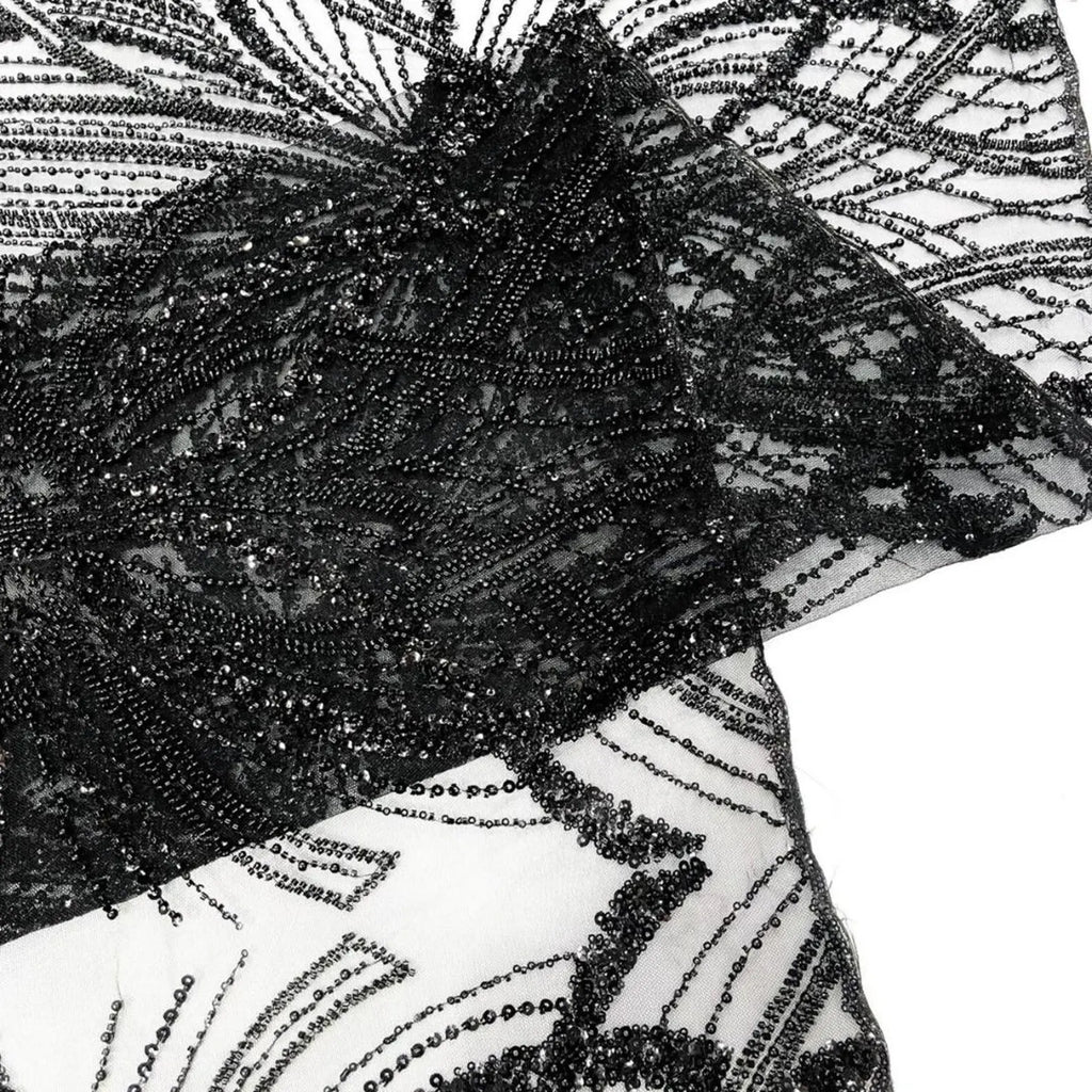 BLACK - Luxurious Design Lace - Beaded Design with Embroidered Sequins and Beads On a Mesh Lace Fabric By The Yard