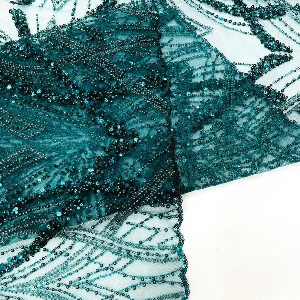 HUNTER - Luxurious Design Lace - Beaded Design with Embroidered Sequins and Beads On a Mesh Lace Fabric By The Yard