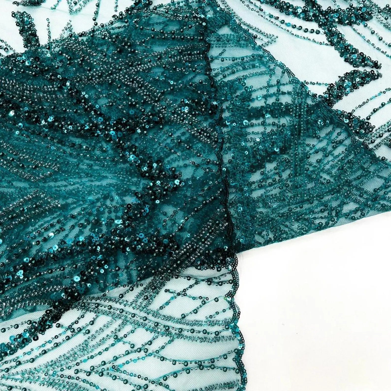 HUNTER - Luxurious Design Lace - Beaded Design with Embroidered Sequins and Beads On a Mesh Lace Fabric By The Yard