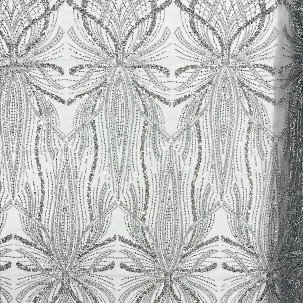 SILVER - Luxurious Design Lace - Beaded Design with Embroidered Sequins and Beads On a Mesh Lace Fabric By The Yard