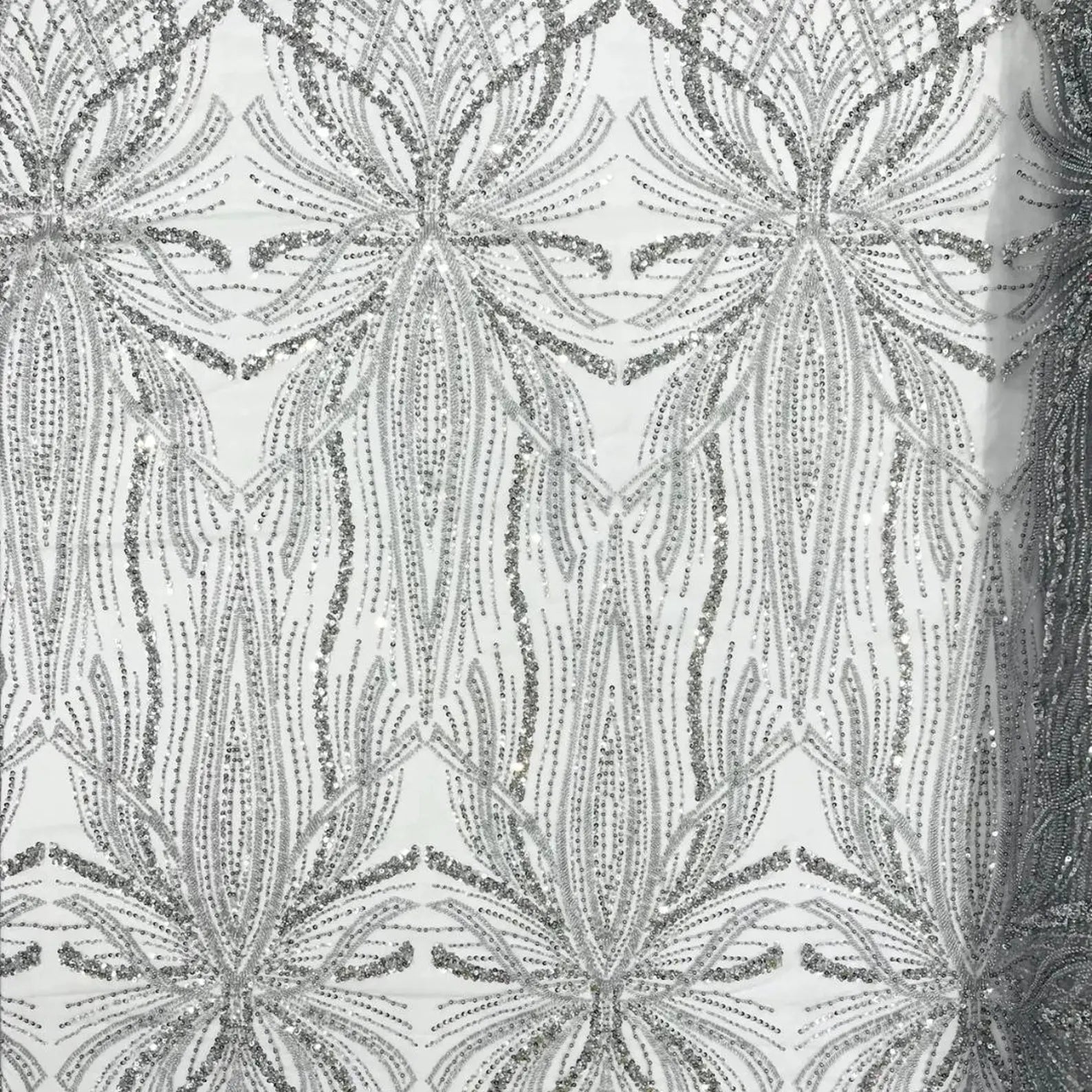 SILVER - Luxurious Design Lace - Beaded Design with Embroidered Sequins and Beads On a Mesh Lace Fabric By The Yard