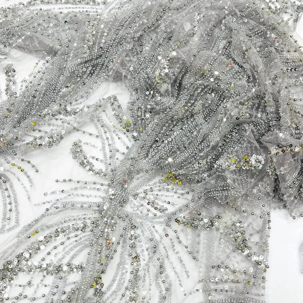 SILVER - Luxurious Design Lace - Beaded Design with Embroidered Sequins and Beads On a Mesh Lace Fabric By The Yard