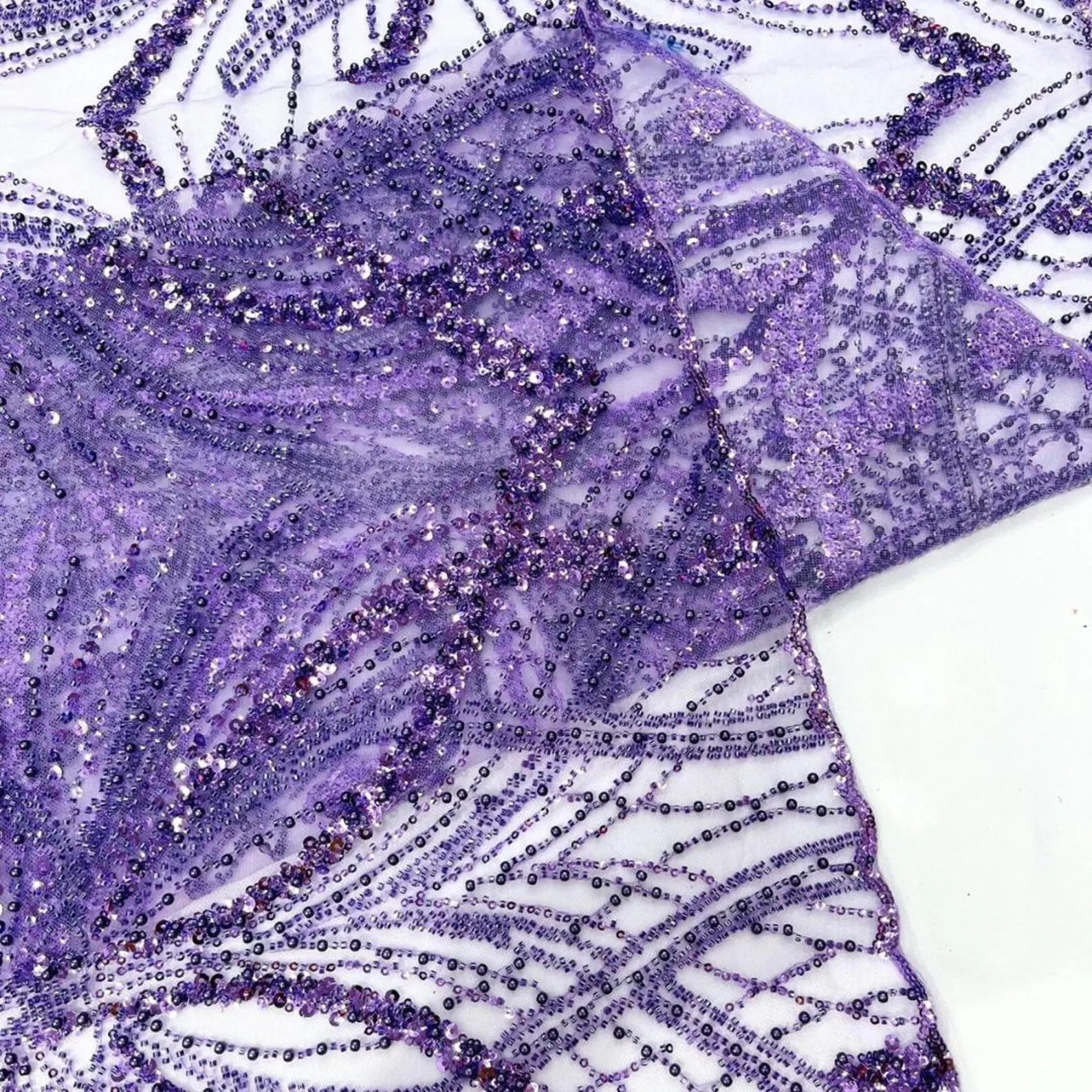 LILAC - Luxurious Design Lace - Beaded Design with Embroidered Sequins and Beads On a Mesh Lace Fabric By The Yard