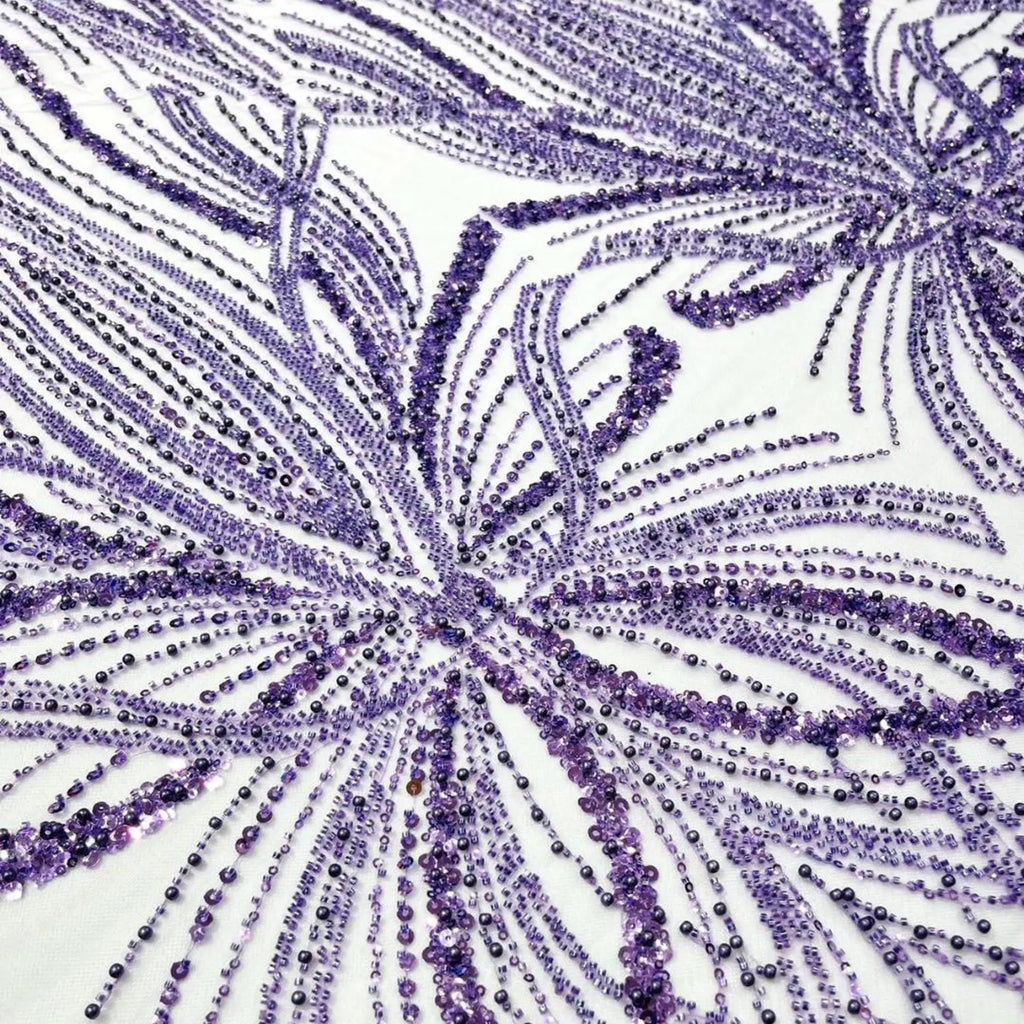 LILAC - Luxurious Design Lace - Beaded Design with Embroidered Sequins and Beads On a Mesh Lace Fabric By The Yard