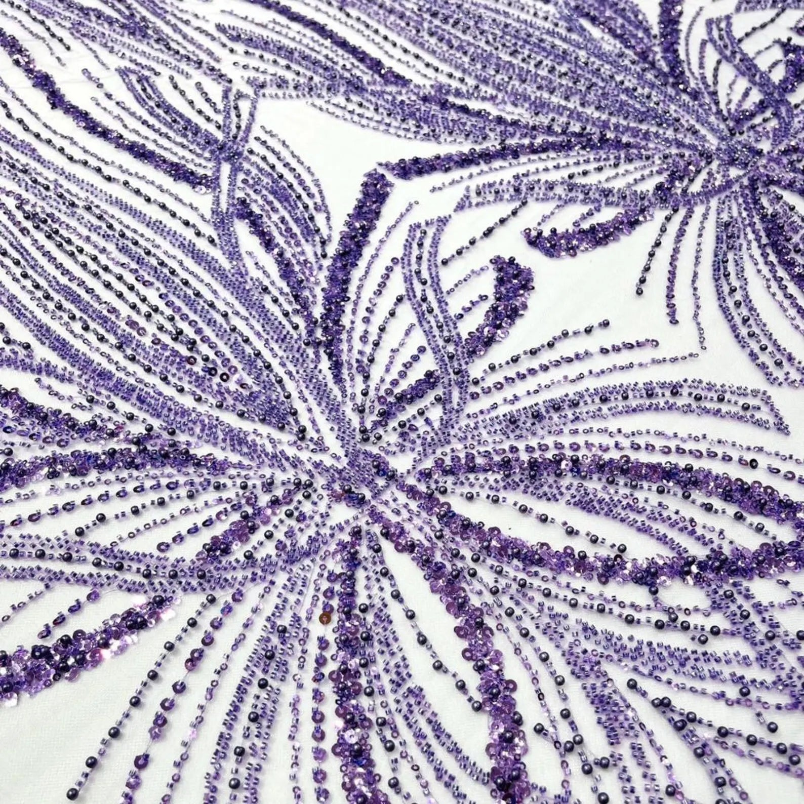 LILAC - Luxurious Design Lace - Beaded Design with Embroidered Sequins and Beads On a Mesh Lace Fabric By The Yard