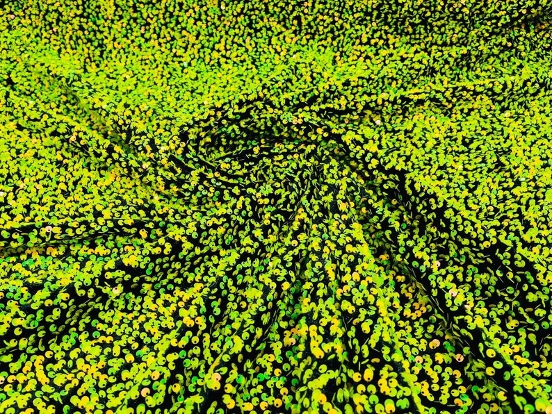 5mm Sequins on a Stretch Velvet 2-Way Stretch Sold By The Yard. Neon Green Iridescent For Prom Dress Evening Wedding Bridal Gowns