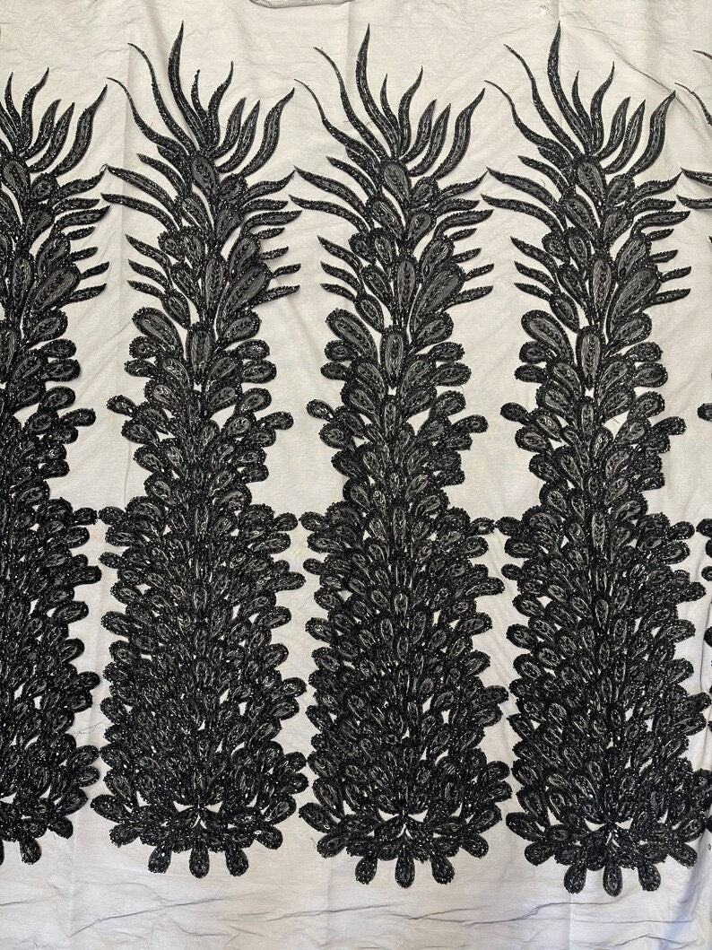 Beaded Feather Design Embroidery On a Mesh Fabric-Sold By The Panel-Black
