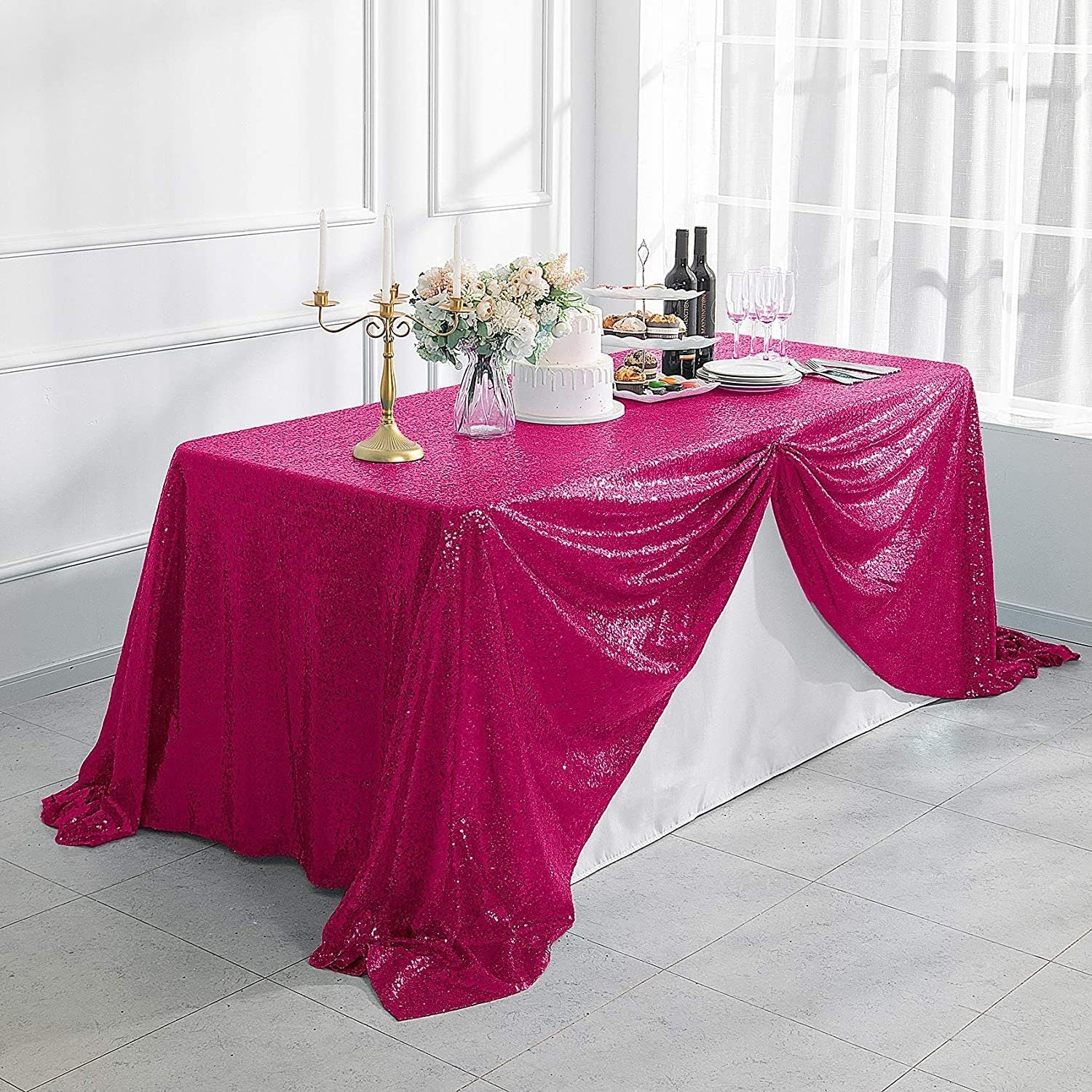 90" Sequin Tablecloth Rectangular Glitter Table Cloths for Birthday Wedding Bridal Baby Shower Party Decorations Fuchsia