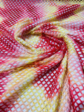 Diamond Fishnet Fabric - Lux Fishnet Diamond Mesh Tie Dye With Silver Glitter 4 Way Stretch Fabric. Sold by Yard. Red/Yellow