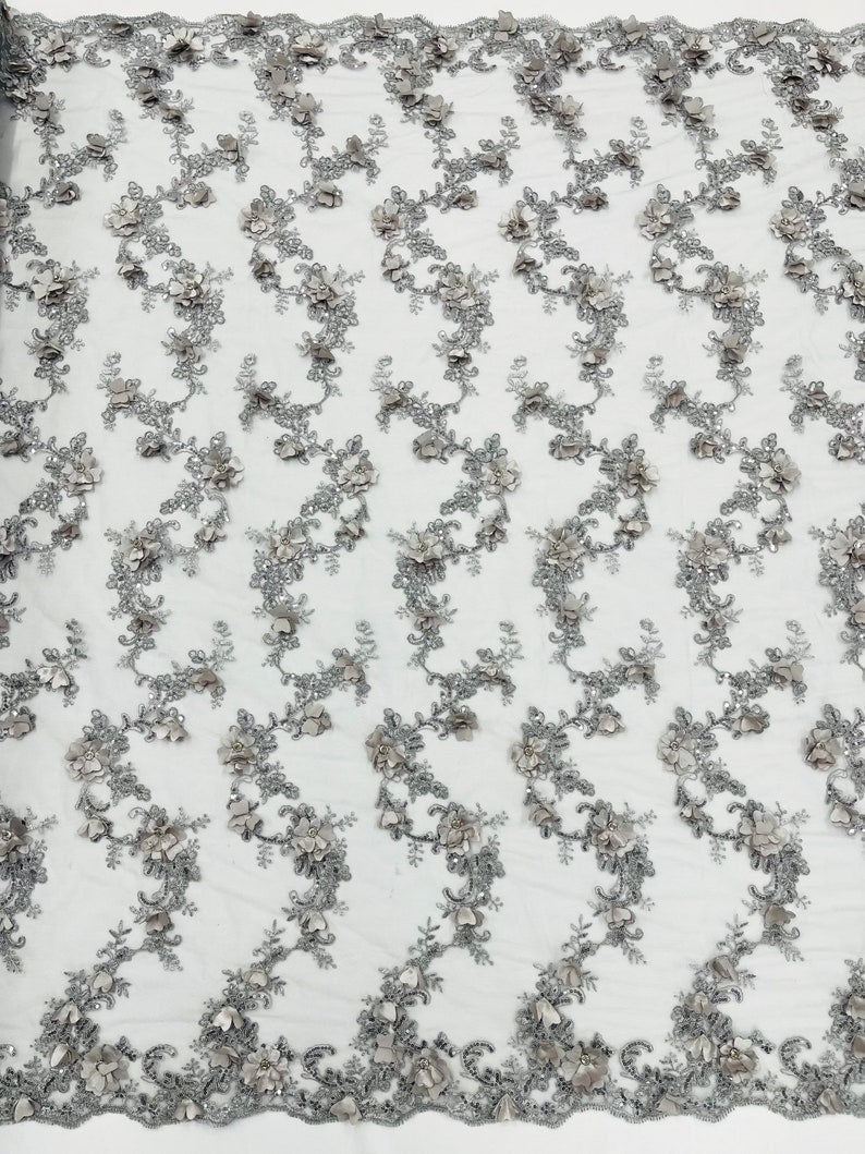 3D Floral Design Embroider and Beaded With Rhinestones On a Mesh Lace. Sold By The Yard. SILVER - For Bridal Weddings Prom & Quinceanera
