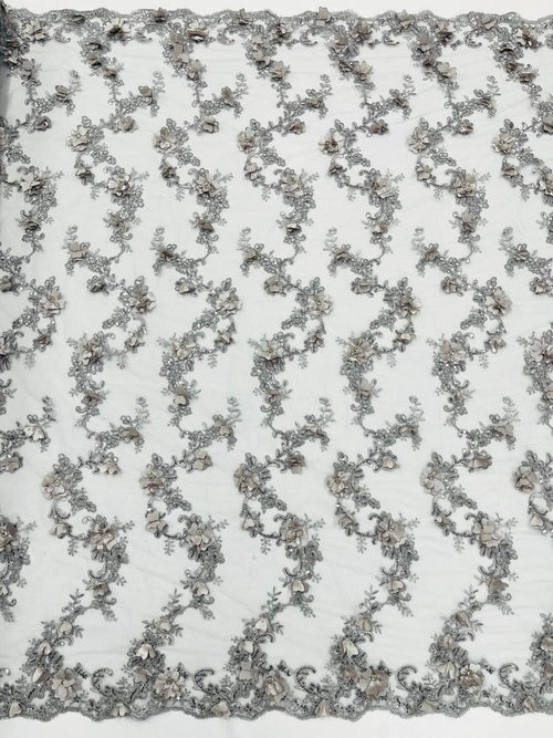 3D Floral Design Embroider and Beaded With Rhinestones On a Mesh Lace. Sold By The Yard. SILVER - For Bridal Weddings Prom & Quinceanera