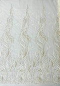 IVORY - Fire Feather Designs Embroider Sequins and Heavy Beaded On a Mesh Lace Fabric-Sold by The Yard-