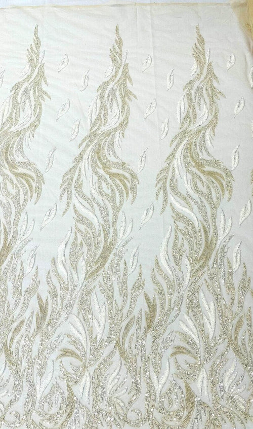 BEIGE - Fire Feather Designs Embroider Sequins and Heavy Beaded On a Mesh Lace Fabric-Sold by The Yard-